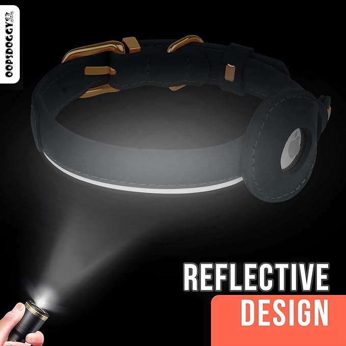 OOPSDOGGY Rolled Leather Dog Collar with Airtag Holder - Reflective Round Airtag Dog Collar - Soft Tracking Pet Collar for Small Dogs Puppy Cats Kitten (Brown, XS, 8"-11")-Mewly Pet
