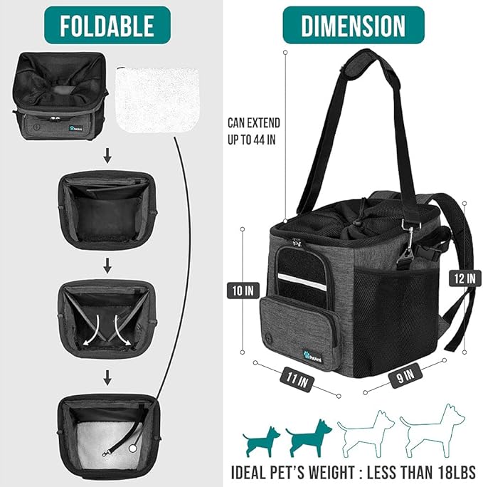 PetAmi Dog Bike Basket, Soft-Sided Ventilated Dog Bike Carrier Backpack, Pet Bicycle Basket for Bike Handlebar, Small Medium Puppy Cat Kitten Car Booster Seat with Safety Strap, Max 18 lbs, Dark Gray-Mewly Pet