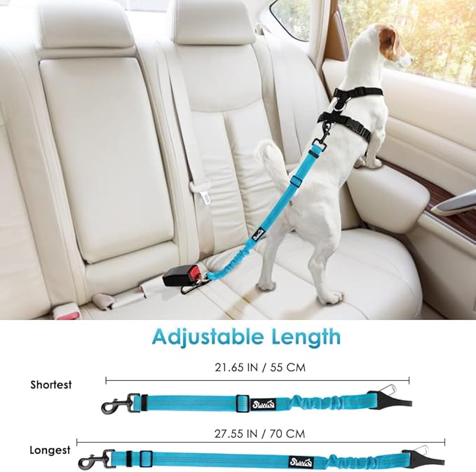 SlowTon Dog Seat Belt, Adjustable Dog Safety Belt Leash, 2 in 1 Latch Bar Attachment Dogs Car Seatbelt with Elastic Nylon Bungee Buffer, Reflective Nylon Belt Tether Connect to Dog Harness (Blue)-Mewly Pet