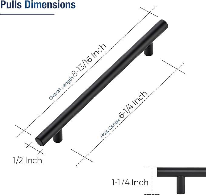 JOY DECOR 10 Pack Cabinet Handles, Black Cabinet Pulls, 6-1/4 in Hole Center Kitchen Hardware, Stainless Steel T Bar Handles for Dresser Drawers