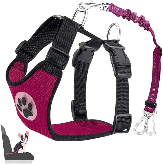 Lukovee Dog Seat Belt for Car, Adjustable Dog Car Harness for Large Medium Small Dogs, Soft Padded & Breathable Mesh Dog Seatbelt with Car Strap and Carabiner(Rose Double Clip,Medium)-Mewly Pet