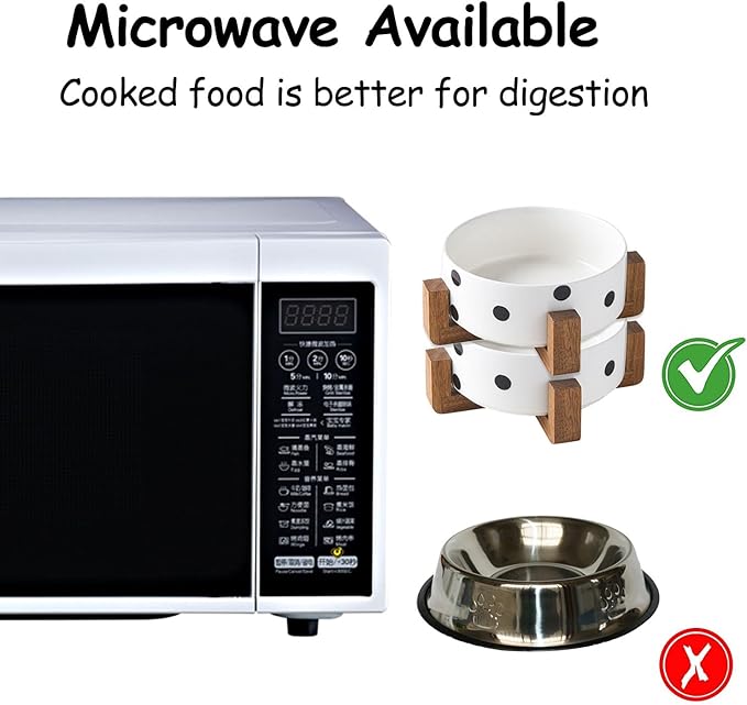 Petygooing Ceramic Dog Bowl Set with Stand, Small Pet Bowls, Anti-Slip Cat & Dog Food and Water Bowl Set (13.5OZ/5.1 in) Black Dot-Mewly Pet