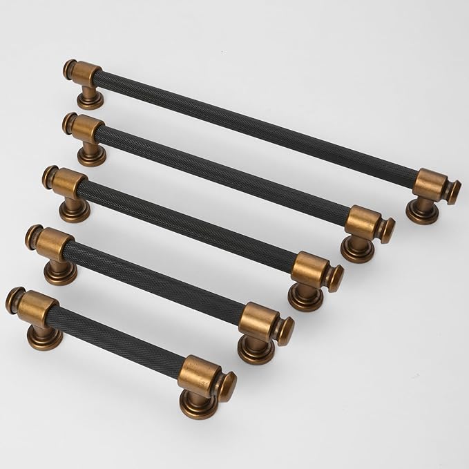 6 Pack 10 inch(254mm) Black and Antique Brass Kitchen Cabinet Handles Knurled Cabinet Pulls Black Drawer Pulls Kitchen Cabinet Hardware
