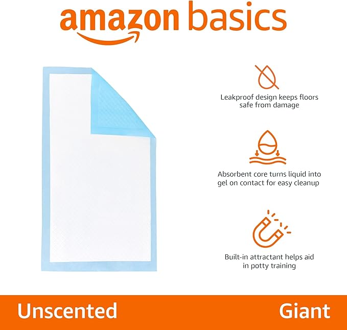 Amazon Basics Absorbent Dog and Puppy Pee Pads with 5-Layer Leak-Proof Design and Quick-Dry Surface for Potty Training, Heavy Duty Absorbency, Giant, 27.5 x 44 Inch - Pack of 30, Blue & White-Mewly Pet