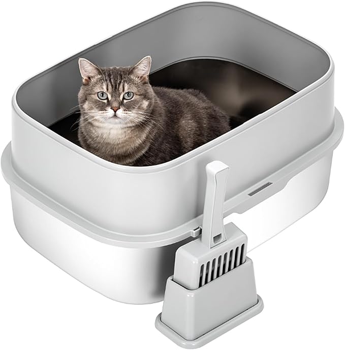 Stainless Steel Sifting Litter Box with Lid, Metal Litter Pan with Scoop for Big Cats Multi Cat, Extra Large Cats Litterbox Odor Control, Easy Clean (23*16.5*16.5inch-with Enclosure, X-Large)-Mewly Pet