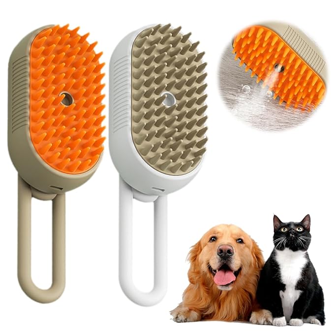 New Cat Steam Brush, 3 in 1 Pet Steam Groomer Brush, Rechargeable Pet Steam Groomer Comb for Massaging and Cleaning Shedding Pets Hair, Multifunctional Hair Removal Comb for Cats Dogs (Khaki+White)-Mewly Pet