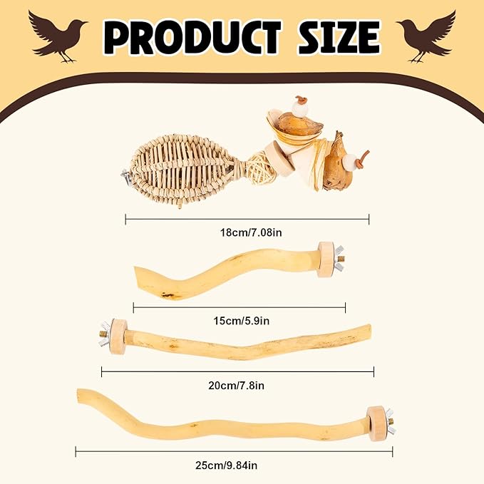 3Pcs Bird Toys Perch Stand for Cage, Natural Parrot Toys, Small Chewing Sticks Toys Bird Cage Accessories for Conures Parakeets Cockatoo African Grey Parrots (3PCS)-Mewly Pet