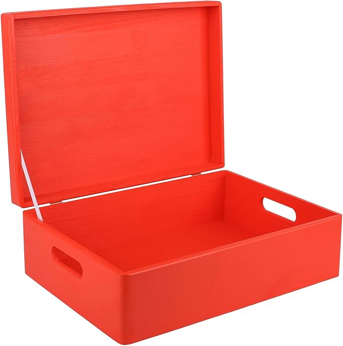 XL Red Wooden Box Storage with Hinged Lid | 15.8 x 11.8 x 5.5 inches (+-0.5) | with Handles | Gift Box Storage Document | Product NOT Intended for 15 Years OR Below