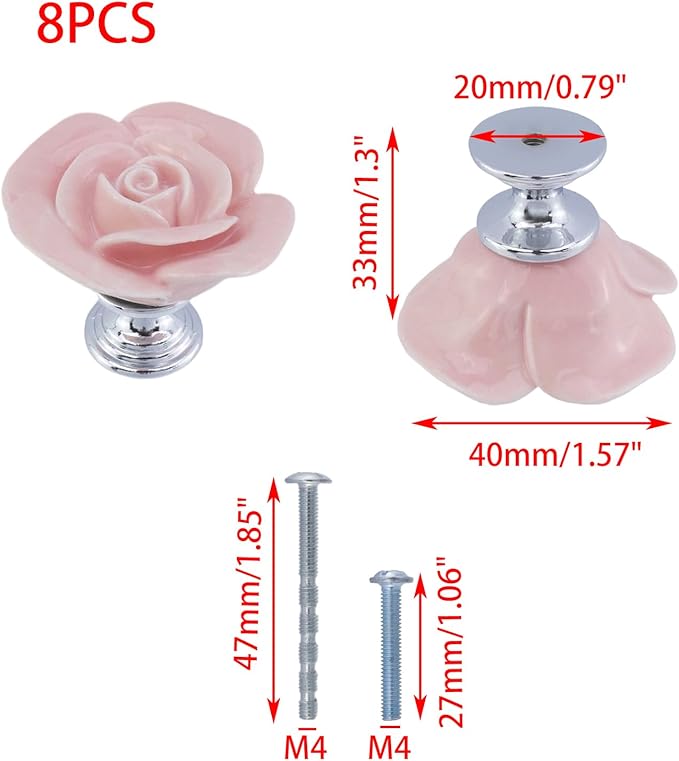 8PCS 1.57" × 1.3" Ceramics Light Pink Rose with Base Knobs Flower Shaped Pulls for Cupboard Drawer with 2 Kinds of Screws