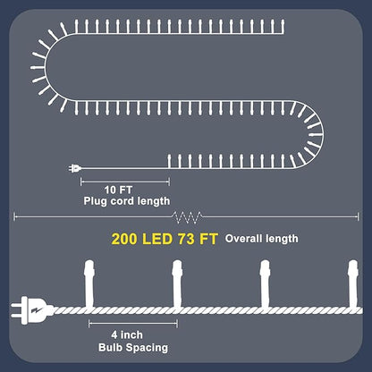 RPGT Christmas Tree Light 200 LEDs 73ft Green Cable Wire Fairy String Twinkle Lights Plug in 12 Modes for Xmas Party, Indoor, Outdoor, Garden, Wedding, Home Decoration (Warm White)