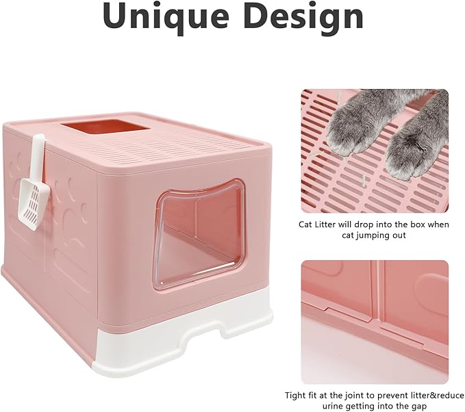 XL Foldable Cat Litter Box with Lid - Jumbo Enclosed Potty - Top Entry Anti-Splashing Toilet - Includes Scoop & 2-in-1 Cleaning Brush (Pink)-Mewly Pet