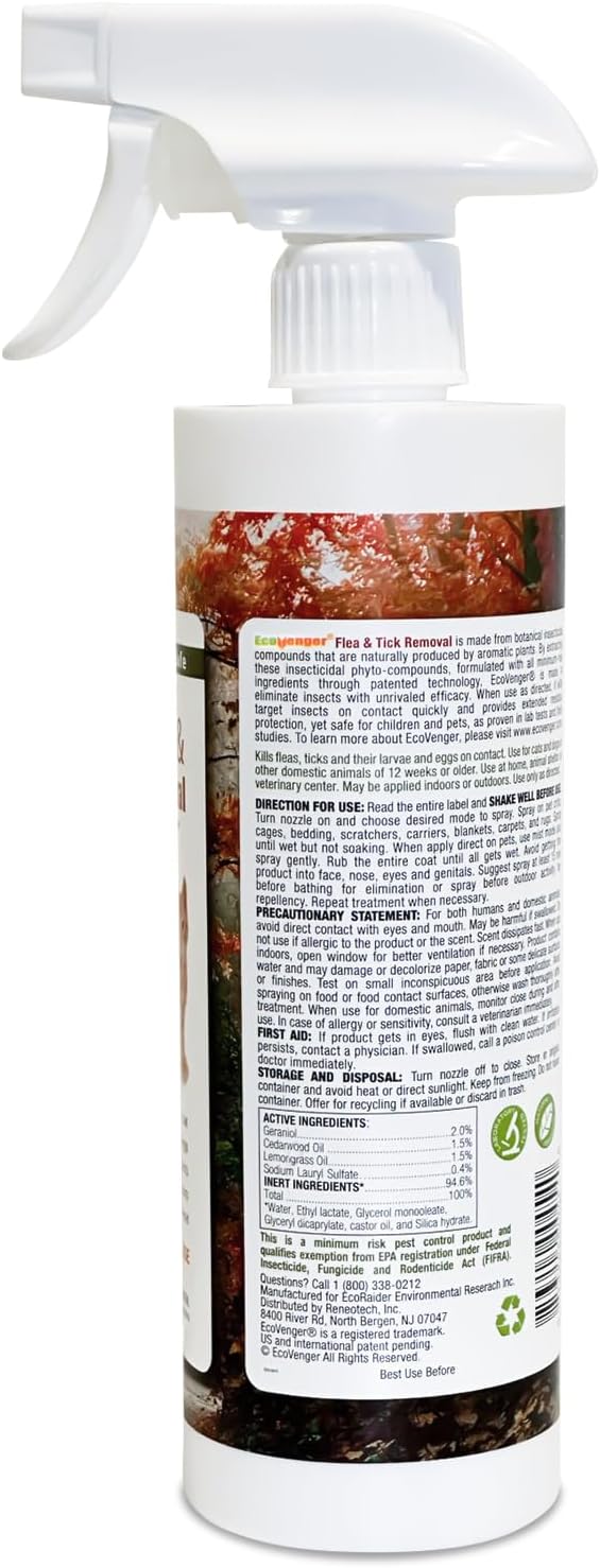 EcoVenger Flea & Tick Removal Spray 16oz for Dogs and Cats, Protects from Fleas, Mites, Ticks & Mosquitoes, eliminates+ Repels+ Housekeeping, Indoors/Outdoors, Plant-Based Formula Safe for Pets & Kids-Mewly Pet
