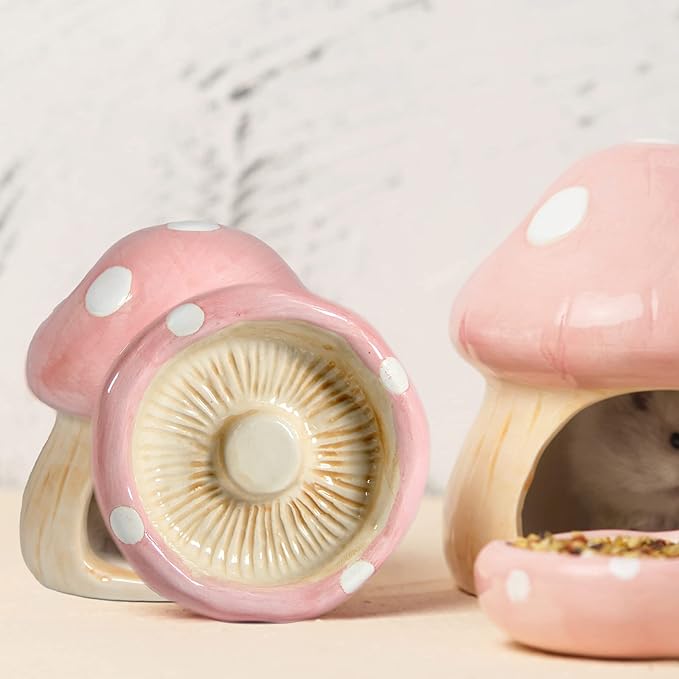 Ceramic Mushroom Guinea Pig House Hamster Hide Bed Includes Hamsters Food Bowl Guinea Pig Hideout for Hamster Chinchilla Hedgehog Rat Small Animals(Pink Mushroom Set)-Mewly Pet