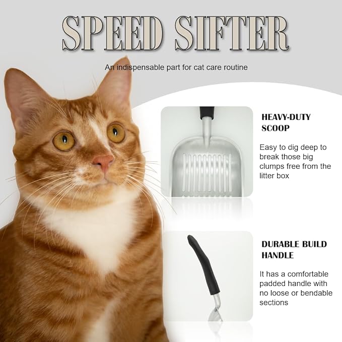 Heavy Duty Cat Litter Scoop with Holder - All Metal Cat Litter Scooper with Holder - Speed Sifter Litter Box Scooper Captures All Clumps - Aluminum Cats Littter Scooper and Caddy-Mewly Pet