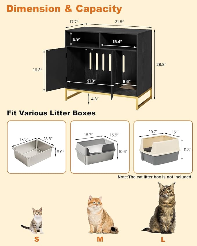 Cat Litter Box Enclosure, Large Hidden Pet Storage Cabinet Furniture with Waveform Fluted Doors & Scratching Pad, Modern Wooden Cat House Indoor for Washroom, Living Room, Bedroom, Black-Mewly Pet