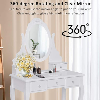 Giantex Vanity Set with Oval Mirror & Cushioned Stool, Makeup Dressing Table Large Storage with 5 Drawers, Mirrored Bedroom Vanities Makeup Table for Kids Girls Women, Easy Assembly (White)