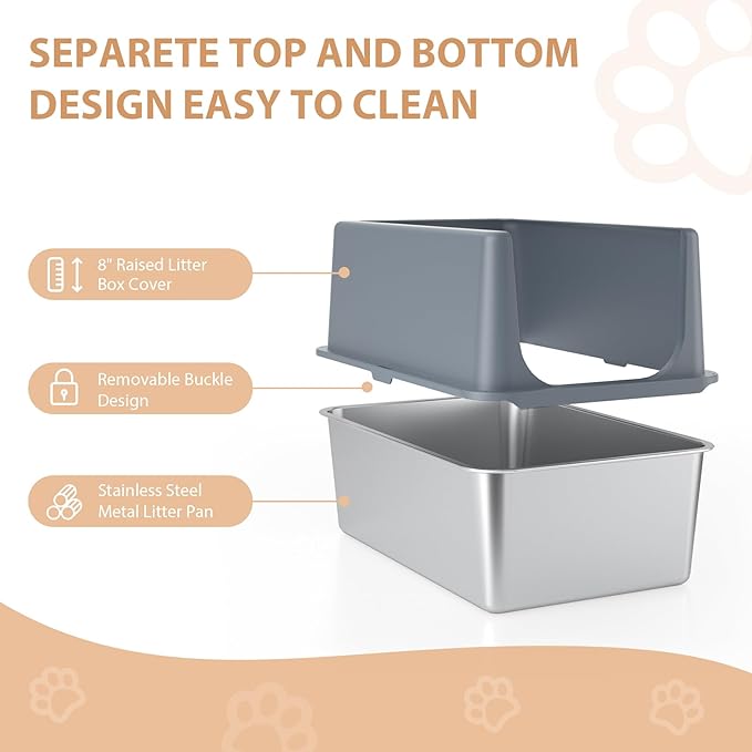 Large Stainless Steel Litter Box with Lid, High Sides, 16" Metal Cat Litter Box, Extra Large Litter Boxes for Big Cats, Tall Cat Litter Pan, Grey, Easy Clean-Mewly Pet