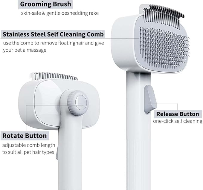 Marchul 2-in-1 Cat Grooming Brush, Cat Brushes with Release Button & Deshedding Dematting Rake, Grooming Comb Tool for for Long or Short Haired Pets, Reduce Shedding, Remove Knots and Massage, White-Mewly Pet