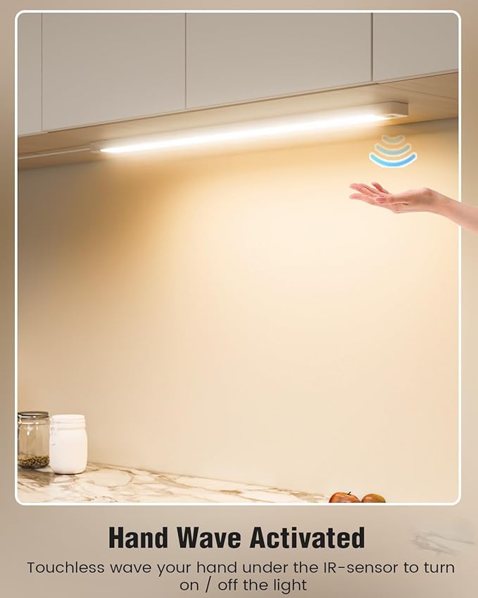 MYPLUS 2Pcs 24 Inch Under Cabinet Lights with Hand Wave, Under Counter Lighting 4000K Natural White,Dimmable,Plug and Play,LED Lights for Kitchen Cabinet, Cupboard, Closet, Desk