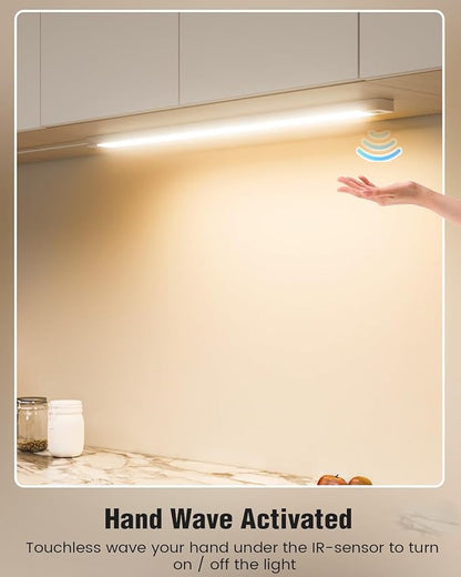 MYPLUS 2Pcs 24 Inch Under Cabinet Lights with Hand Wave, Under Counter Lighting 4000K Natural White,Dimmable,Plug and Play,LED Lights for Kitchen Cabinet, Cupboard, Closet, Desk