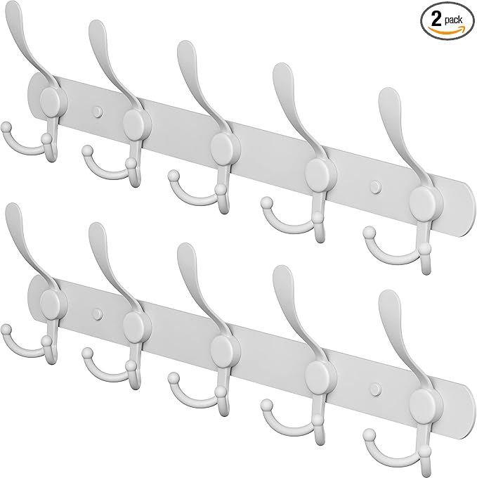 Coat Rack Wall Mount with 5 Tri Hooks, Stainless Steel 16 Inch – White Matte Finish, Heavy Duty Wall Mounted Hook Rack for Coats, Hats, Towels, Scarfs, Robes, Bags, Entryway & Bathroom