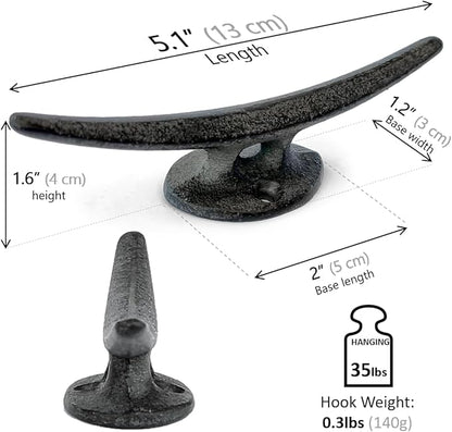 5 Pack Decorative Cast Iron Heavy Duty Double Hooks, Wall Mounted Coat Hooks, Vintage Inspired (Antique Black) (Mooring Type)