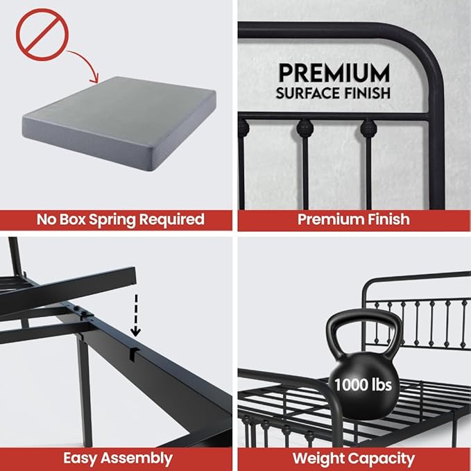 Golden Gate Beds Victorian Vintage Style Metal Bed Frame with Wrought Iron Headboard and Footboard, Classic Platform Bedframe Storage, No Box Spring Needed, Mattress Foundation, Black, California King