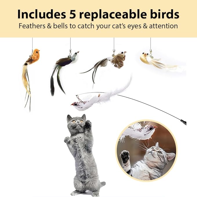Leo's Paw The Original Interactive Bird Simulation Cat Toy Set Realistic Colorful Feathers Bells Wand Self-Holding Suction Base Stimulating Real-Life Flying Bird Impression Hunting Play (w. 5 Birds)-Mewly Pet