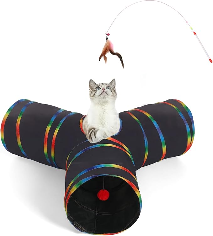 LUCKITTY Cat Tunnels Tube Toy with Plush Ball & Cat Wand Feather Toys-Portable Tattaff Waterproof Washable-Interesting Geometric Pattern Collapsible-3 Way Black Rainbow-Mewly Pet