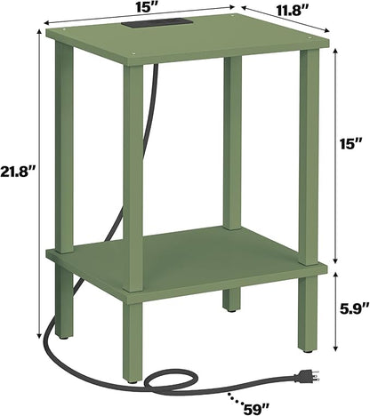 TUTOTAK End Table with Charging Station, Set of 2, Small Side Table with Outlets, Nightstand Bedside Table, 2-Tier Storage Shelf for Small Space, Living Room, Bedroom Olive Green TB01BOG041