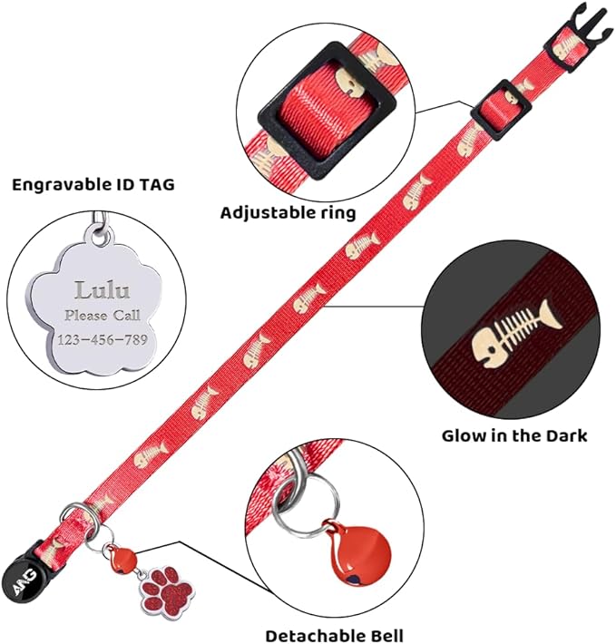 Personalized Breakaway Cat Collars Glow-in-The-Dark with ID Tag, Bell - Safety Quick - Release, Customizable for Female Male Kittens & Cats (Red)-Mewly Pet
