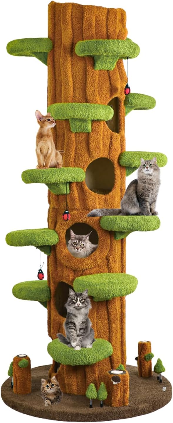90.5'' Luxury Cat Tree for Indoor Cats, All-in-One Tall Cat Tower with Scratching Post, Multi-Level House, Wood Condo for Multi-Cat Families (Green)-Mewly Pet