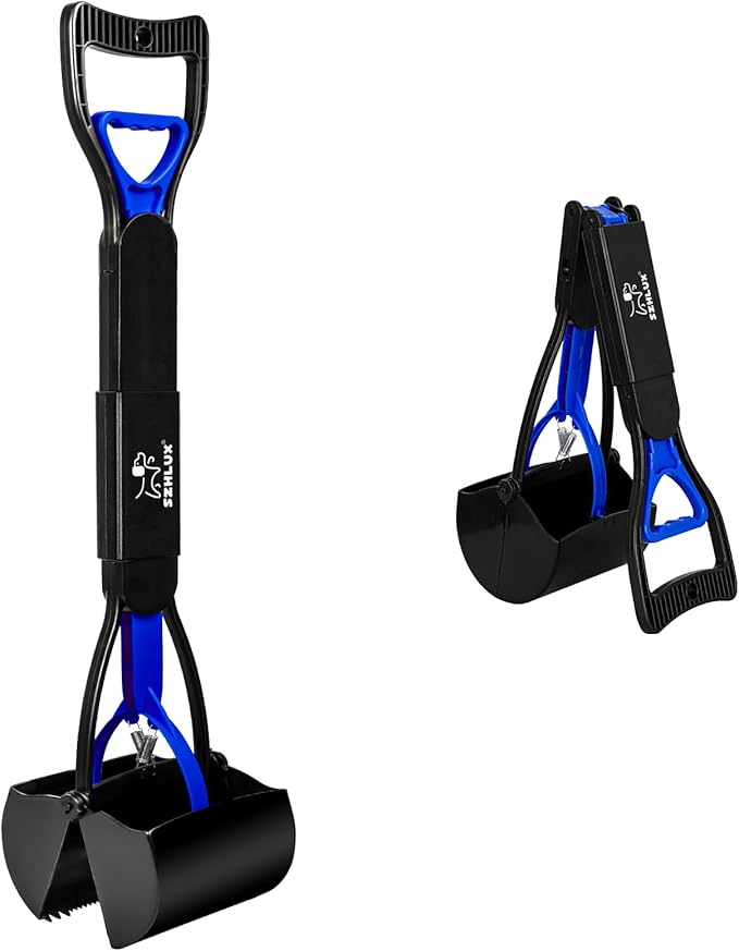 SZHLUX 28" Pooper Scooper, Foldable Dog Pooper Scooper with Unbreakable Material and Durable Spring for Grass and Gravel, Blue-Mewly Pet