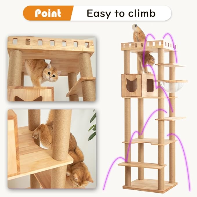 74.8" Wooden Cat Tree Tower for Large Cats, Multi-Level Cat Climbing Furniture with Scratching Posts, Cat Condo & Hammock, Natural Wood Cat Activity Center (Brown)-Mewly Pet