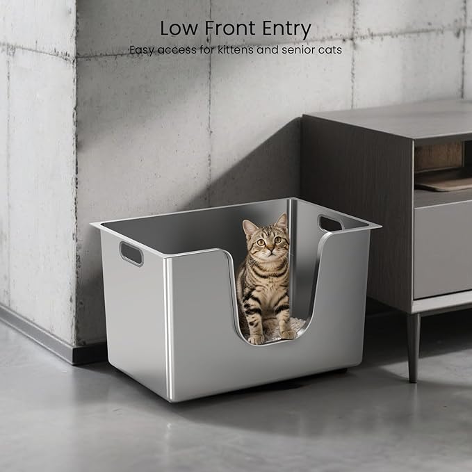 Enclosed Stainless Steel Cat Litter Box 13.8” High Sides, Extra Large Litter Box for Big Cats, XL Metal Kitty Litter Pan Pet Toilet with Wheels for Easy Mobility, Anti-Leakage, Non-Sticky, Easy Clean-Mewly Pet