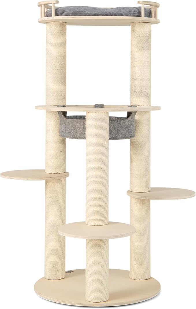 Tangkula Wood Cat Tree, 59 Inch Multi-Level Cat Tower with Top Padded Perch, Hammock, 3 Platforms & Sisal Scratching Posts, Large Modern Cat Tree Tower for Indoor Cats Kittens (59 Inch)-Mewly Pet