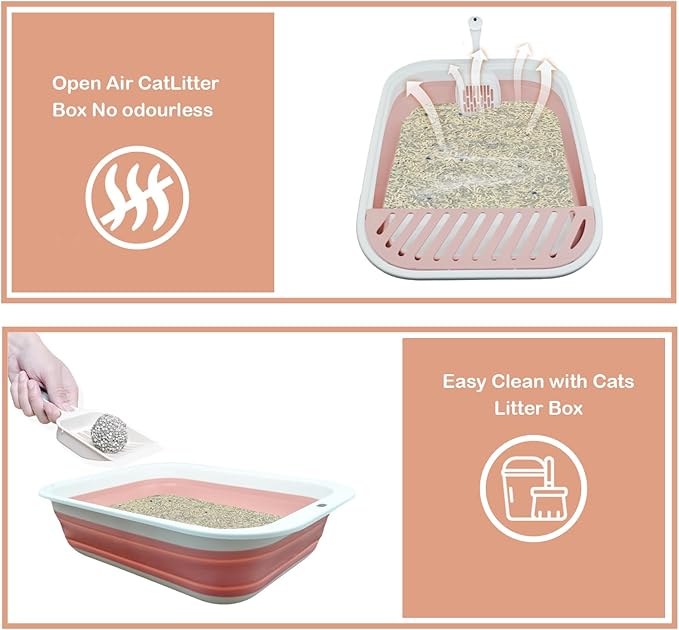 Foldable Cat Litter Box Open Potty Pan Portable Collapsible Cats Litter Boxs Travel Kitten Pan with Scoop Waterproof Low Entrance for Kitten and Easy Clean 17.7"×13.4"x4.9"(Pink)-Mewly Pet