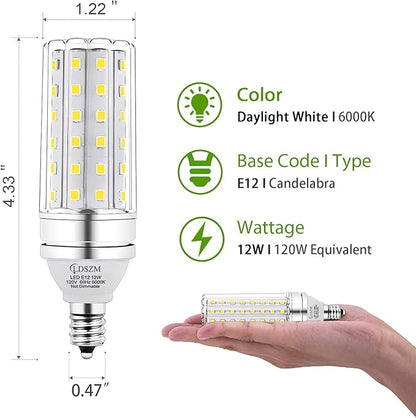 E12 LED Corn Light Bulbs, 12W Equivalent 100W, 1200 Lumen 6000K Cool Daylight White, Non-Dimmable Candelabra Base Chandelier Lights, Pack of 3