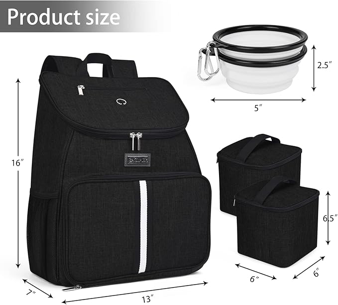 BAGLHER丨Dog Travel Bag, Airline Approved Pet Supplies Backpack, Dog Travel Backpack Accessories Set with 2 Silicone Collapsible Bowls and 2 Food Baskets. Black-Mewly Pet