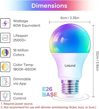 Linkind Smart Light Bulbs with Remote Control, Smart Bulb That Work with Alexa & Google Home, LED Light Bulbs Color Changing 64 Preset Scenes, A19 E26 2.4Ghz WiFi Light Bulbs Dimmable 60W 800lm 6 Pack