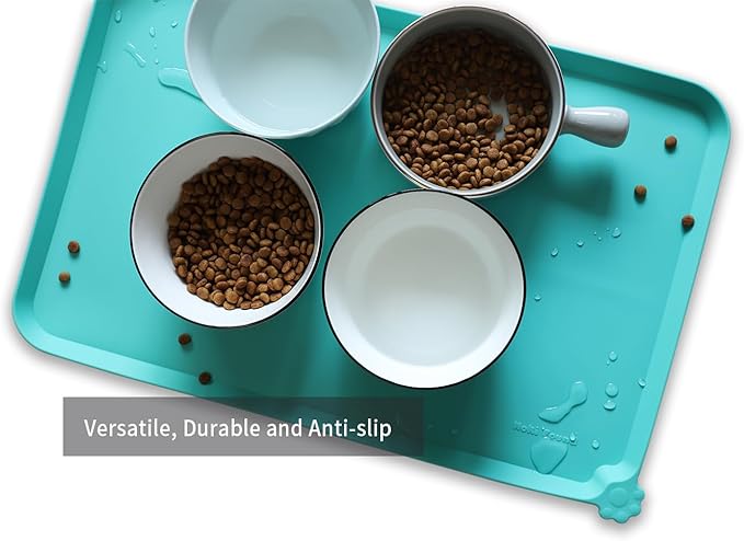 Hoki Found L Silicone Non Slip Pet Food Mats - Cat & Dog Bowl Placemats - Waterproof Feeding Mats for Carpet - Cool Mint-Mewly Pet