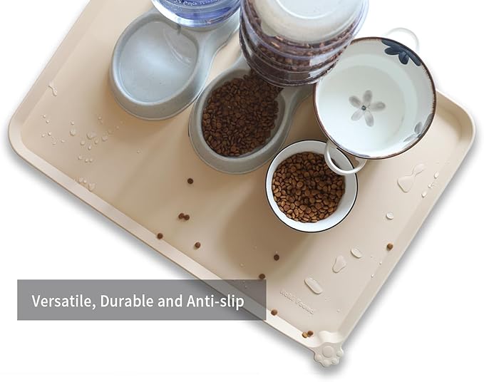 Hoki Found X-Large Non Slip Silicone Pet Food Mats - Tray for Dog Cat Bowl - Waterproof Dog Cat Food Mats for Carpet - Papayawhip-Mewly Pet