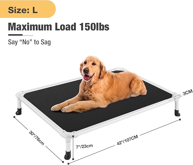Veehoo Chew Proof Elevated Dog Bed - Cooling Raised Pet Cot - Silver Aluminum Frame and Durable Textilene Mesh Fabric, Unique Designed No-Slip Feet for Indoor or Outdoor Use, Black, 42"x 31"-Mewly Pet