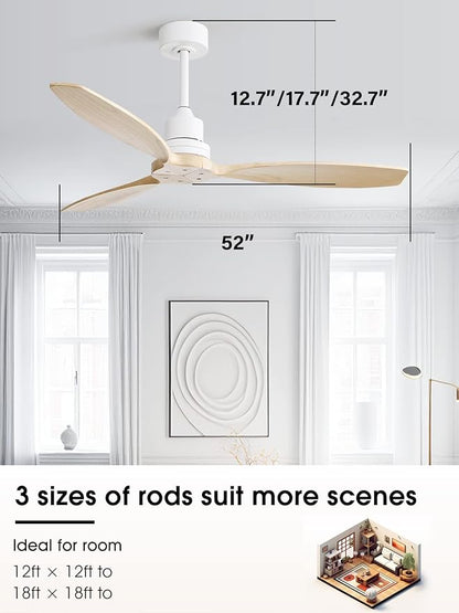 Sofucor Ceiling Fan without Lights, 52 Inch Low Profile Flush Mount Mordern Wood Ceiling Fan with Remote for Indoor Farmhouse Bedroom Living Room Outdoor Patio Porch, Reversible DC Motor, Noiseless