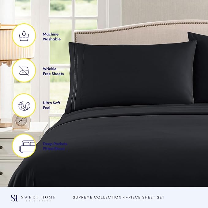 Full Size Sheet Sets - Breathable Luxury Sheets with Full Elastic & Secure Corner Straps Built In - 1800 Supreme Collection Extra Soft Deep Pocket Bedding, Sheet Set, EXTRA DEEP pocket - Full, Black