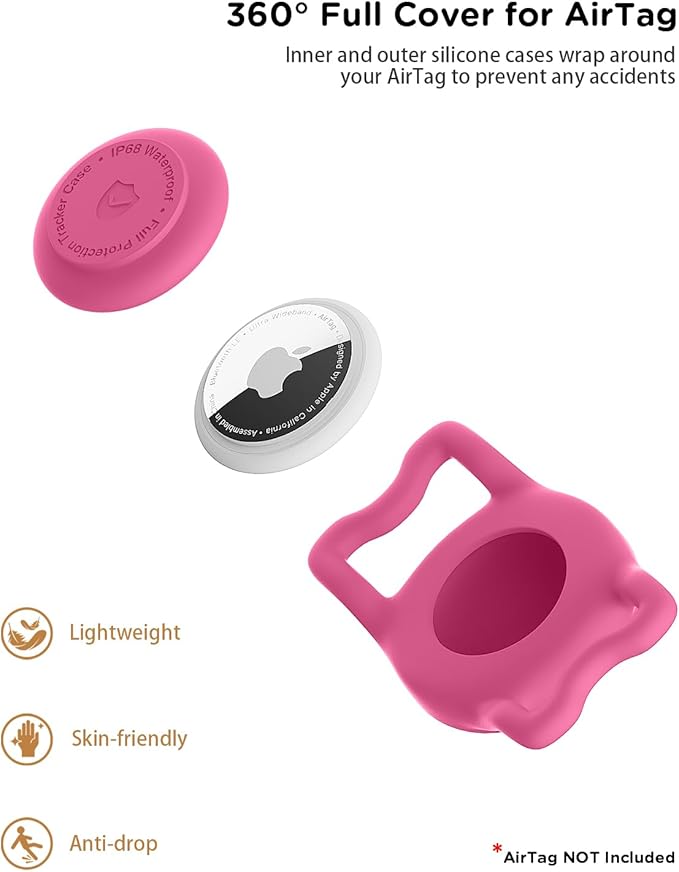 IP68 Waterpoof Dog Airtag Holder, Stretchy Silicone Full Body Covered Apple Air Tag Holder for Dog Cat Collar Fit All Width Collar (Pink/Rose, 2 Pack)-Mewly Pet