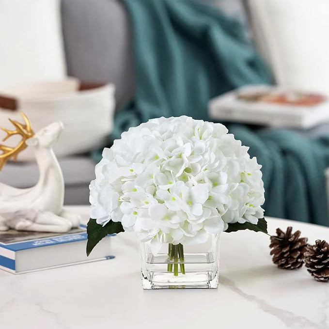 Silk Hydrangea Artificial Flowers in Vase with Faux Water, Silk Flower Arrangements in Vase for Wedding, Dining Table, Living Room (White)
