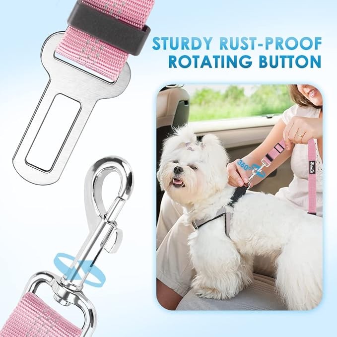 SlowTon Dog Seat Belt for Car, 2 Pack Dog Car Harness Seatbelt Adjustable with Elastic Bungee Buffer, 2 in 1 Pet Car Leash Headrest Restraint Dog Reflective Safety Tether (Pink, Headrest+Clip)-Mewly Pet