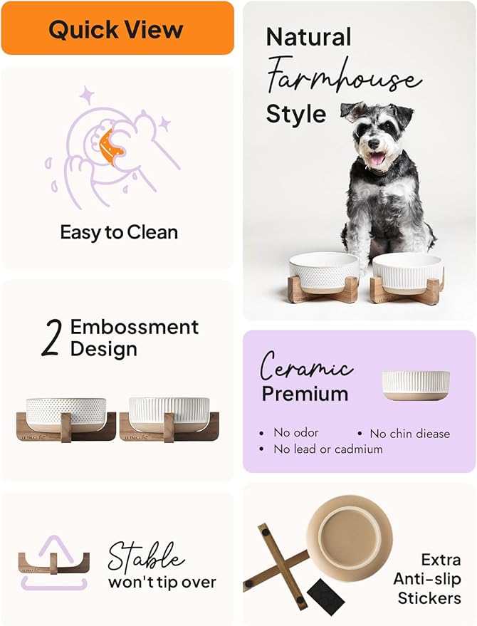 Ceramic Dog Bowls for Medium Small Dogs - 4 Cup Medium Dog Food and Water Bowls with Wood Stand, Cute Pet Dishes Set of 2, Lines+Dot-Mewly Pet