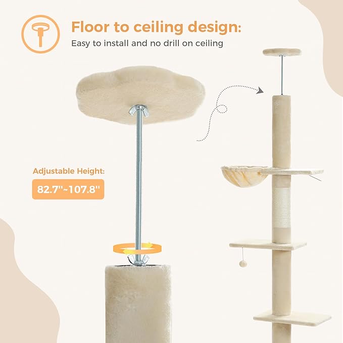 PEQULTI Floor to Ceiling Cat Tree, Tall Cat Tower, Adjustable Height (83''-108'') 5 Levels Climbing Tree for Indoor Cats with Cat Condo, Cozy Hammock and Scratching Post, Beige-Mewly Pet